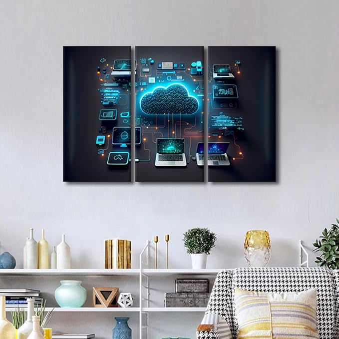 TUMOVO 3 Panel Canvas Wall Art Devices Connected to Digital Storage in the Data Center Via the Internet Pictures Print on Canvas for Home Wall Decoration, Stretched Framed Ready to Hang, 42" Wx28 H
