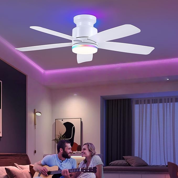 46 Inch White Flush Mount Ceiling Fans with Lights, 5 Blades Reversible, 6-Speed 2H Timer, RGB & 3 CCT Dimmable, Remote & APP Control for Bedroom Kidsroom