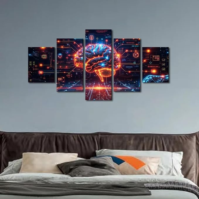 TUMOVO 5 Panel Artificial Intelligence Paintings Wall Decor Robot Brain Posters for Room Digital Brain Canvas Wall Art for Living Room Bedroom AI Picture Modern Artwork Home Decor 60" Wx32 H
