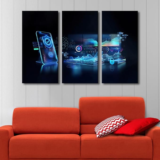 TUMOVO Multi Panel Canvas Wall Art Cyber Security and Data Protection Concept Pictures Print on Canvas Artwork for Home Office Wall Decorations Framed Ready to Hang, 60" Wx40 H
