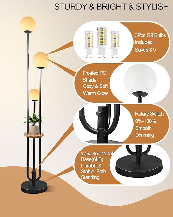 Lightdot LED Floor Lamp Dimmable Globe Floor Lamps with Shelf Mid Century Modern Black Standing Lamp Candle Holder Style Soft Eye-Caring for Bedroom Living Room/Bedroom/Sofa Beside/Corner Decor