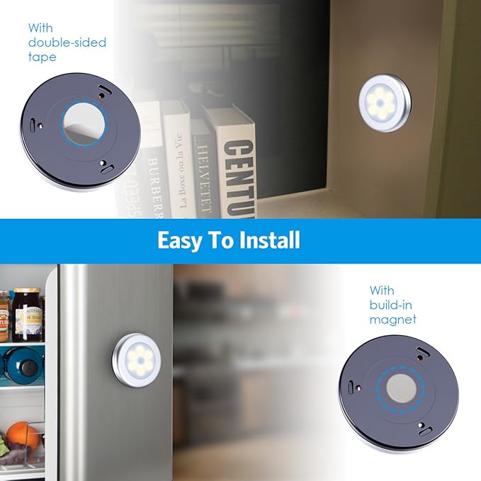 AMIR Upgraded 3.15” Motion Sensor Light, 3 Pack Battery-Powered LED Night Light, Closet Lights Stair Lights, Puck Lights, Safe Lights for Hallway, Bathroom, Bedroom, Kitchen (Silver - Warm White)