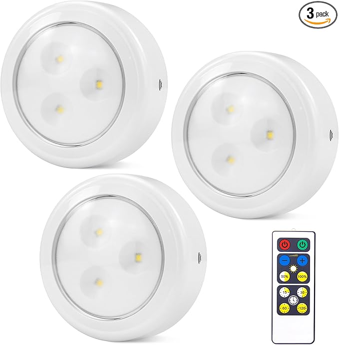 BIGMONAT Puck Lights with Remote, 80Lumen Battery Operated Under Cabinet Lights, Dimmable and Timmer Stick On Lights,Wireless Closet Light for Closet,Kitchen (White, 3Pack)