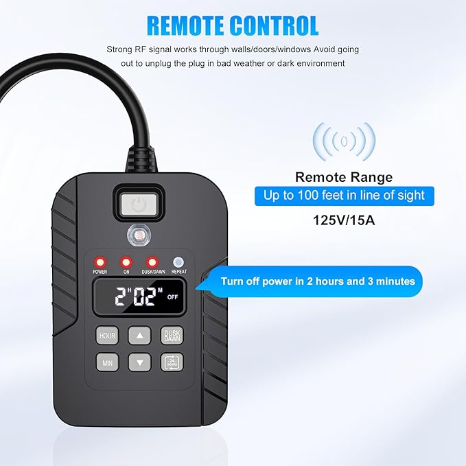 Outdoor Light Timer Waterproof, 15A, 24-Hour Plug in Outdoor Countdown Timer (2, 4, 6 or 8 Hours Mode), 100 FT Range Remote Control with 2 Grounded Outlets for Home and Garden, ETL Listed