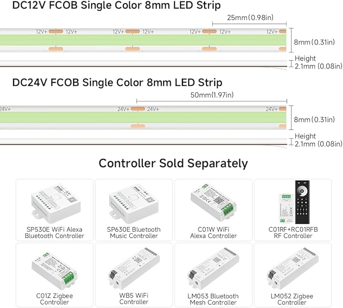 BTF-LIGHTING FCOB IP65 Waterproof Ice Blue Color COB LED Strip 16.4FT DC12V 480LED/m 8mm Width Flexible High Density CRI 90+ Dimmable LED Light for Home Indoor Decor(No Controller or Adapter)