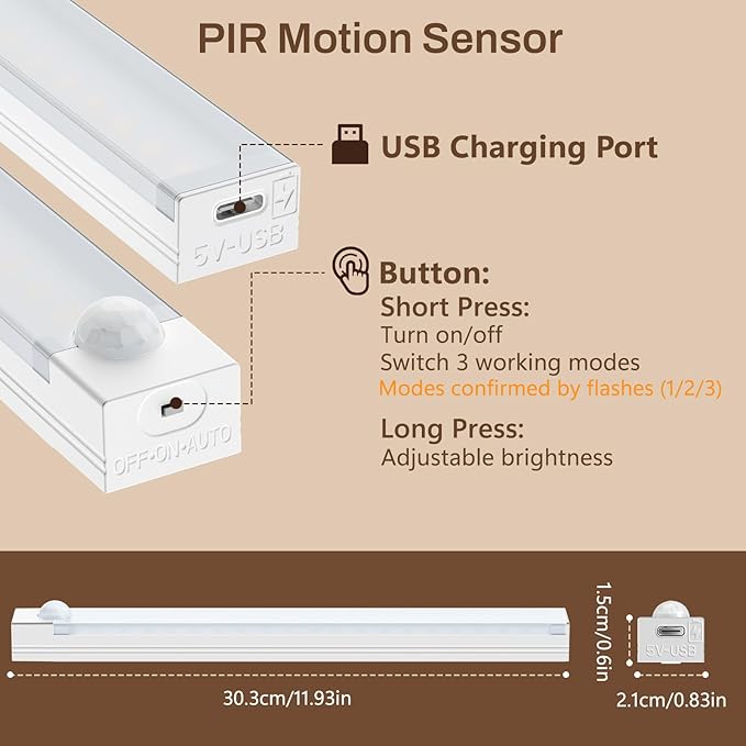 Rechargeable Motion Sensor Light Indoor, 12” LED Under Cabinet Lighting with 3 Modes & Memory Dimming, Stick On Lights for Closet, Kitchen, Hallways (2 Pack)