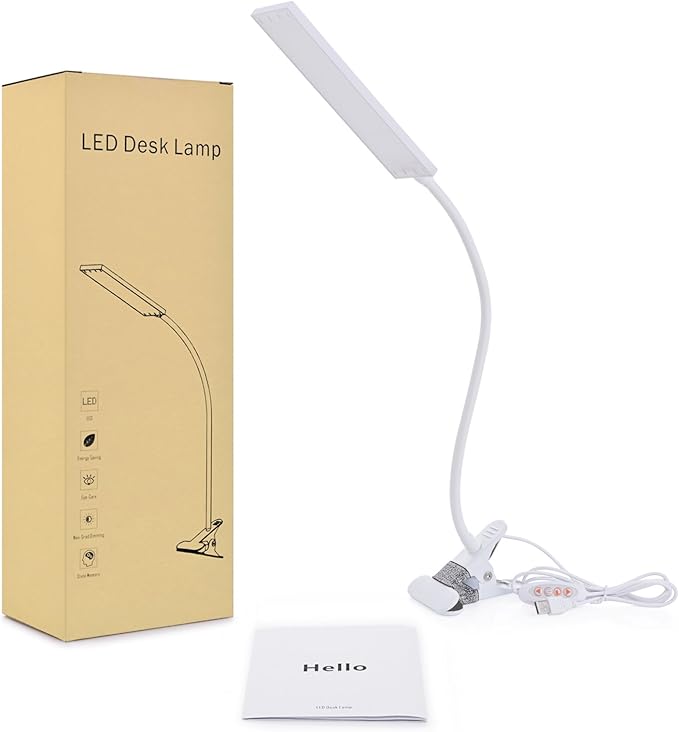 LED Desk Lamp Dimmable Eye-Caring Table Lamp Reading Light Office Light Adjustable 3 Color Modes,14 Brightness Levels, Gooseneck Flexible Clip-on Light for Studying, 5W-White