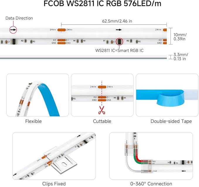 BTF-LIGHTING FCOB WS2811 IC RGB COB LED Strip DC24V 576LED/m 16.4FT Flexible High Density Color Chasing Uniform Light 16IC/m 10mm Width for Indoor Lighting Project(No Adapter or Controller)
