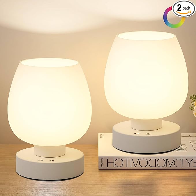 Cordless Touch Bedside Table Lamp Set of 2, Rechargeable Battery Operated Desk Lamps with 8 RGB Colors, Dimmable Small Glass Nightstand Light for Living Room Bedroom Kitchen Counter