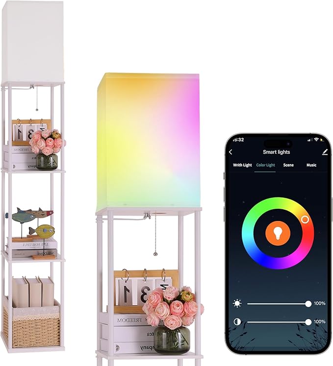 Floor Lamp with Shelves, with Modern Square Standing Lamp with Smart APP Control RGB Bulb, Corner Display Bookshelf Lamp for Living Room, Bedroom and Office (White-9RGB)