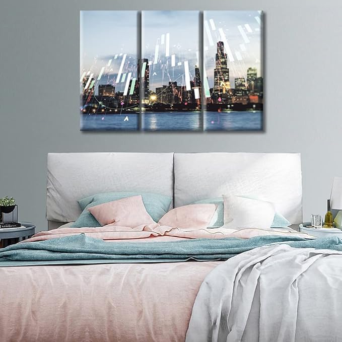 Chicago Skyline Background Forex and Investment Concept Pictures Wall Art 3 Panel Abstract Virtual Financial Graph Hologram Paintings for Living Room Bedroom Bathroom Office Ready to Hang (36"Wx24"H)