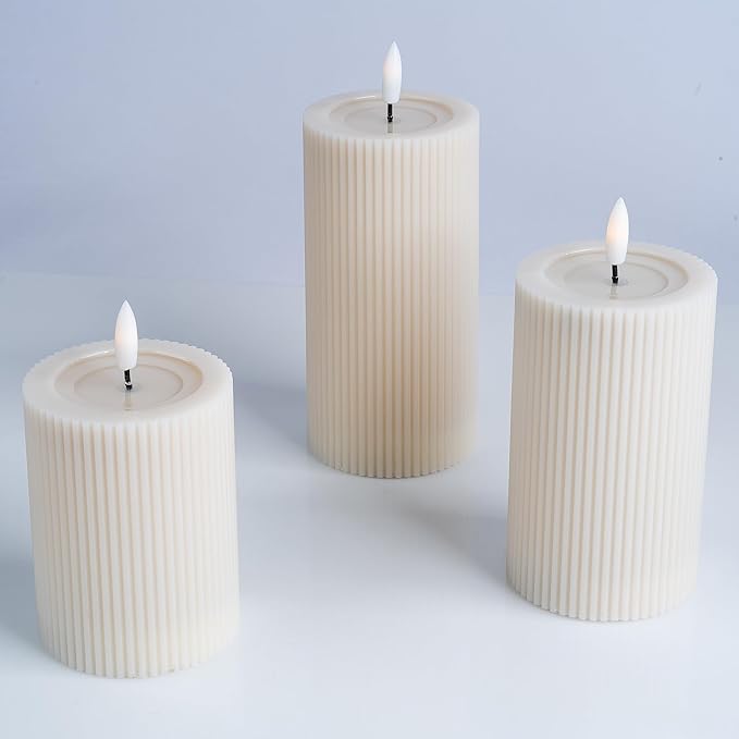WYZworks Fluted Ribbed LED Pillar Candles, Cream Beige, with Realistic Reflective Melted-Wax Effect – Flickering Flame, Remote, Dimmable, Flameless, Battery Operated, Home & Wedding Decor (Set of 3)
