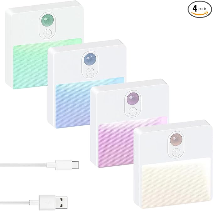 ASAWASA LED Motion Sensor Night Light, 7 Colors Rechargeable Magnetic Decor Wall Lights, Dimmable, Suitable for Bathroom hallways bedrooms Kitchen cabinets Staircase(4 Pack)