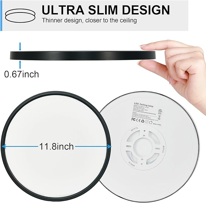 DLLT LED Flush Mount Ceiling Light: 12 inch Super Slim Dimmable & 5CCT (2700-6000K) Kitchen Lighting Fixtures Ceiling - 24W Black Low Profile Ceiling Lamp for Bedroom Garage Hallway