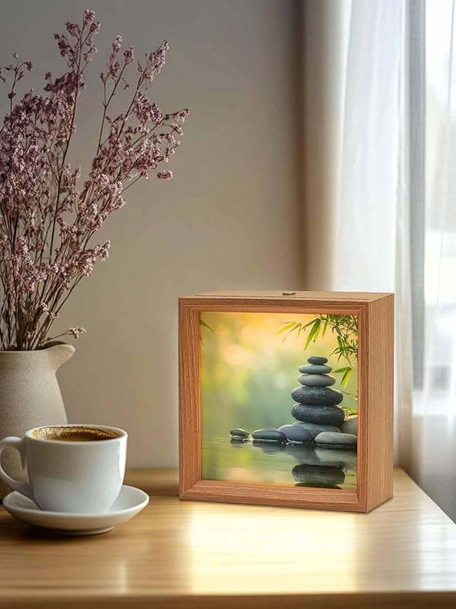 Wood Night Light Box 4.5x4.5in,Zen Meditation Stone Lake Table Lights Wooden Picture Frame with USB Rechargeable Touch LED Lights for Home Decor Desktop Display,Nature Landscape Still Life