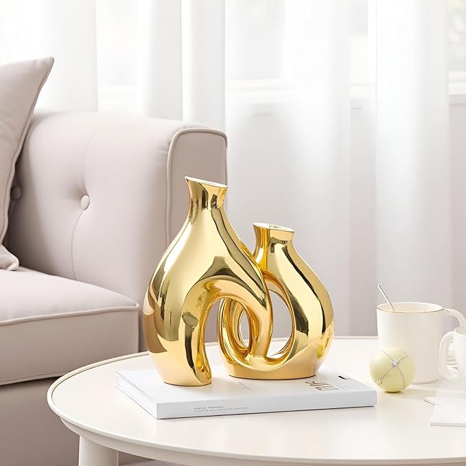 Gold Modern Abstract Ceramic Vases for Home Decor,Nordic Snuggle Hollow Design for Flowers Pampas Grass Decorative,for Living Room Coffee Table Centerpiece,Entrance,Console (Gold)
