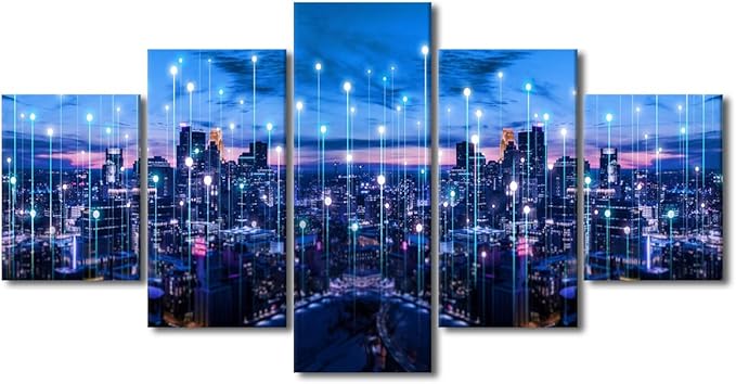 Canvas Wall Art-Bangkok Lighting City 5 Panel Urban Skyline Poster Sense of Technology Picture Futuristic Communication Technology Wall Artwork Internet Companies Meeting Room Decor 60x32 Inch