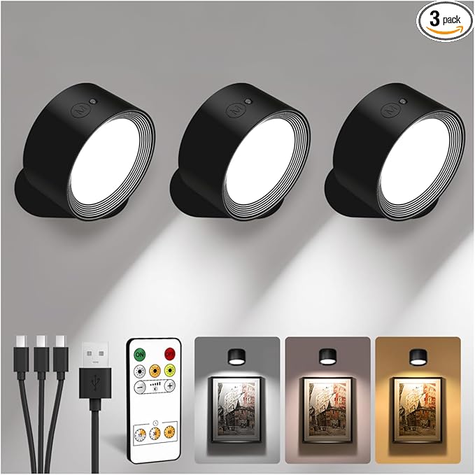LED Wall Mounted Lights, Rechargeable Wall Sconces with Remote & Touch Control, 3 Color Temperatures 360° Rotation Dimmable Cordless Wall Light for Bedroom Study Reading Bedside (Black, 3 Pack)