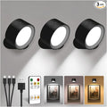 LED Wall Mounted Lights, Rechargeable Wall Sconces with Remote & Touch Control, 3 Color Temperatures 360° Rotation Dimmable Cordless Wall Light for Bedroom Study Reading Bedside (Black, 3 Pack)