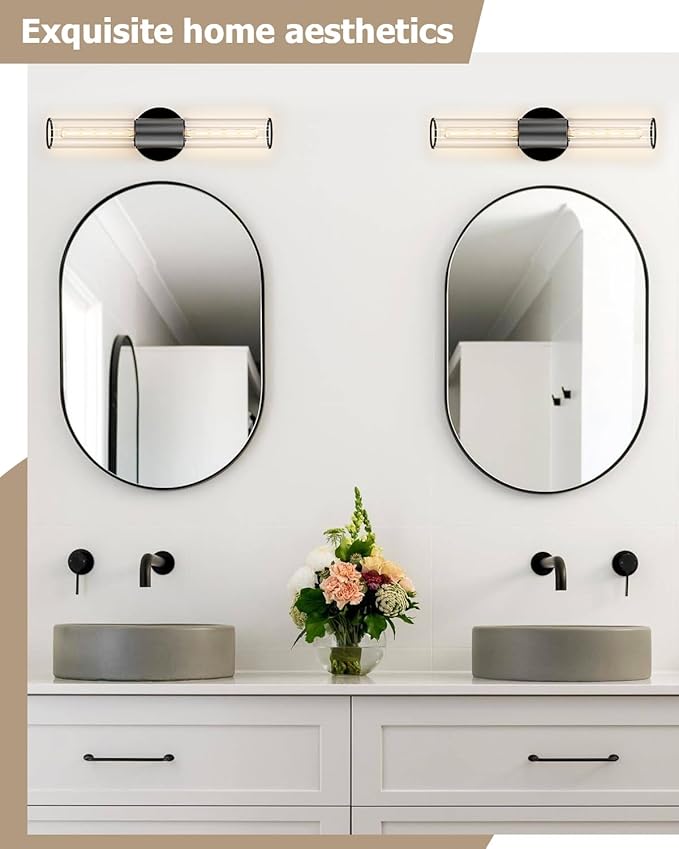 Bathroom Vanity Light Fixture, 2-Light Black Wall Sconce Lighting Fixture with Clear Glass, Indoor E26 Stocket Wall Lamp for Mirror Living Room Hallway(Bulb Not Included)