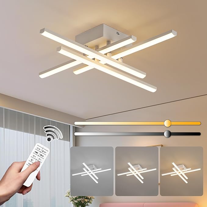 Modern Flush Mount LED Ceiling Light Fixture, Dimmable 24inch Ceiling Lights for Bedroom Living Room Kitchen, 4-Light White Ceiling Lamp LED Small Chandelier Ceiling Light with Remote, 2000lm