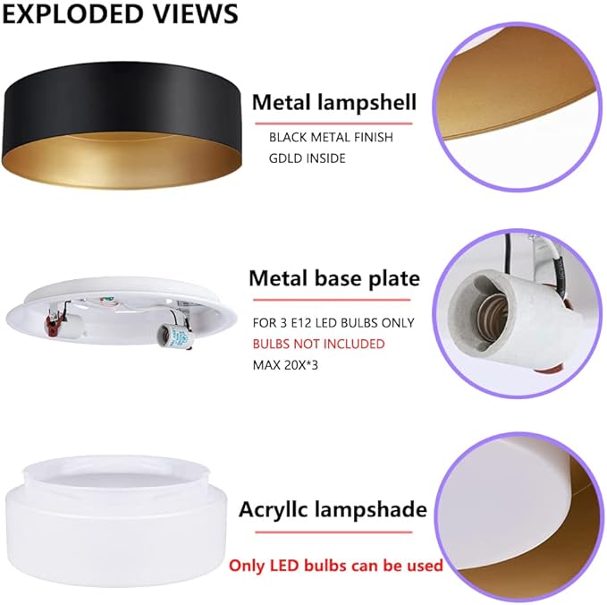 Modern Flush Mount Ceiling Light,Minimalist Close to Ceiling Lighting Fixture,Black and Gold Flush Mount Light Fixture forBedroom,Entry, Hallway,Balcony, Bathroom (16.5'')