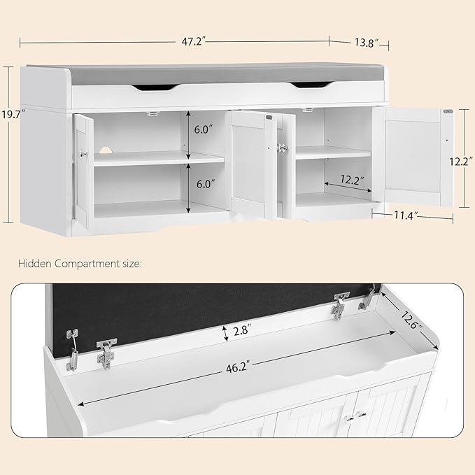 usikey 3-Tier Storage Bench, 47.2" Wide Shoe Bench with Lift Top Storage & 2 Adjustable Shelves, Entryway Bench with Padded Seat Cushion, 4 Doors, Shoe Cabinet Bench for Entryway, Living Room, Bedroom