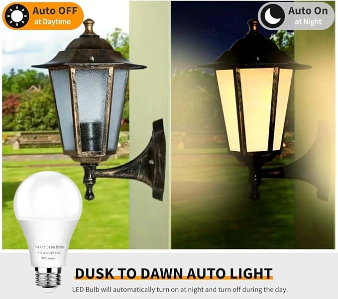 4 Pack Dusk to Dawn LED Light Bulbs 10W(75W Equivalent), 3000K Soft White 1100LM,E26 A19 Automatic Sensor Bulb, Built-in Photocell Detector for Garage Door, Porch, Outdoor Lighting(Non-Dimmable)
