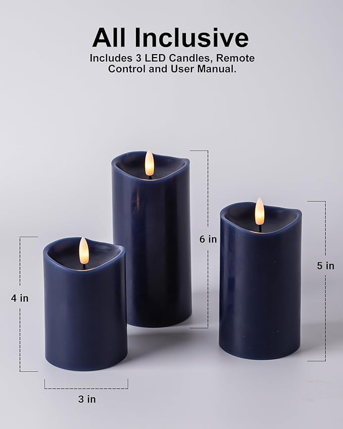 Navy Blue Flameless Candles with Remote and Timer, Real Wax Made LED Pillar Candles Battery Operated with 3D Flickering Flame Melted Top, 3" x 4",5",6", Navy Blue Decor, Set of 3