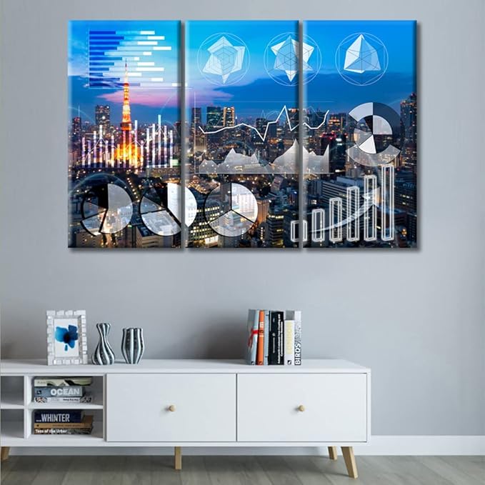 TUMOVO 3 Pieces Currency Business and Market Charts Artwork Home Decor Trading Graph on The Cityscape at Night Background Artwork Wall Art for Living Room Framed Ready to Hang (42" Wx28 H)