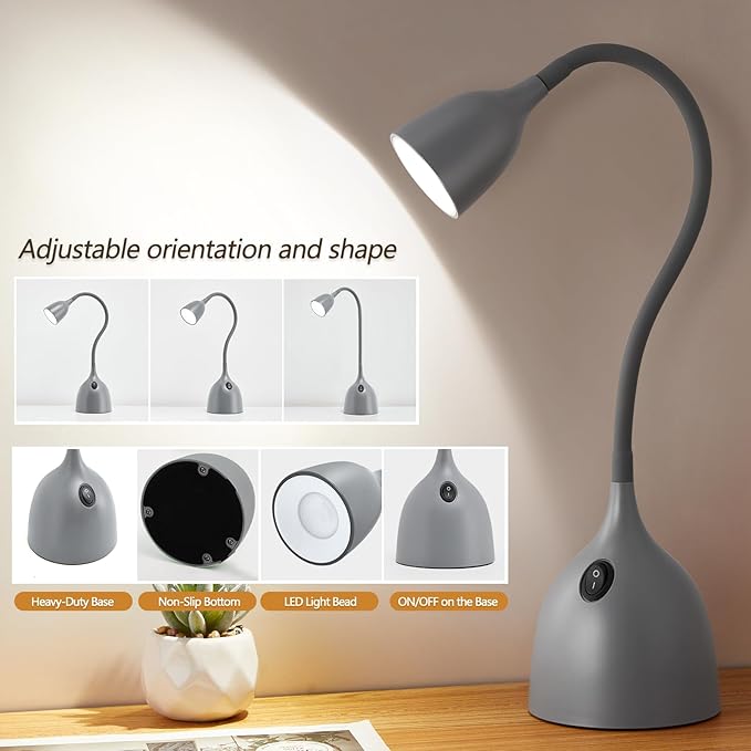 Desk Lamp for College Dorm Room - LED Reading Light - Small Adjustable Flexible Gooseneck Table Lamp - Eye-Caring Desk Lamp for Home Office Study Lamp, White