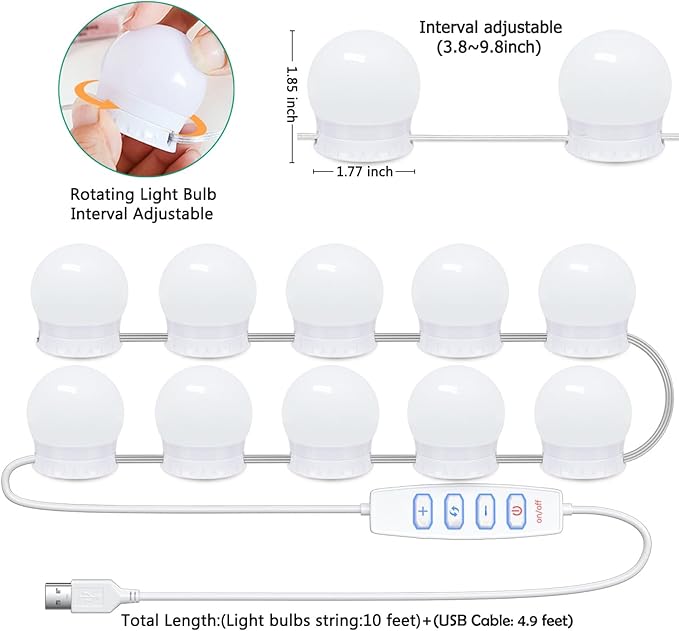 LED Vanity Lights for Mirror,10 Dimmable Bulbs,3000K 4500K 6500K & Brightness Adjustable,Hollywood Mirror Lights for Makeup Dressing Room
