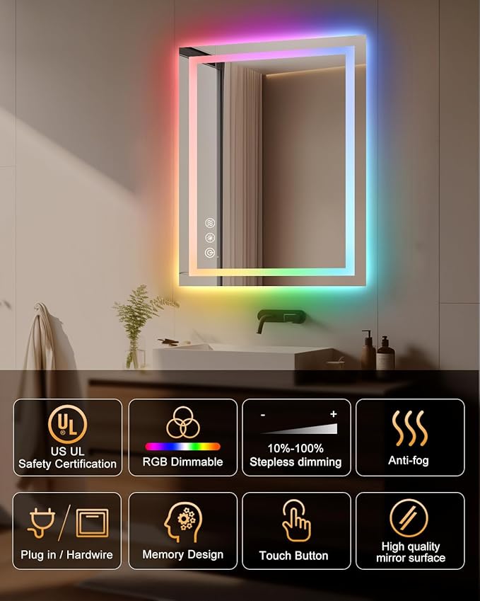 oneup 24x32'' RGB Bathroom Mirror with Lights,RGB Color Changing LED Bathroom Mirror for Wall,Lighted Vanity Mirrors,Dimmable,Anti-Fog,IP54 Waterproof