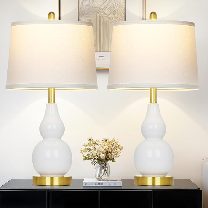 25" Ceramic Table Lamps Set of 2, Modern Double Gourd Ceramic Table Lamp for Living Room, White Rustic Farmhouse Bedside Nightstand Lamp with Fabric Shades for Bedroom Desk End Table Home Office Decor