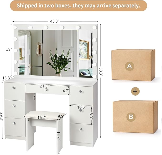 SMOOL Vanity with Lighted Mirror, Makeup Vanity Desk with Power Outlet and LED Bulbs, 3 Color Lighting Modes Adjustable Brightness, 7 Drawers Vanity Table with Cushioned Stool for Bedroom, White