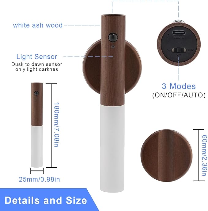 LANDGOO LED Magnetic Wall Sconces Lights Automatic Motion Sensor Wireless Wall Mounted Lamp Rechargeable Battery Operated Indoor 360° Rotation for Bedroom Living Room (Black Walnut Wood 1PC)