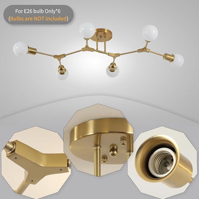 Modern Mid Century 6 Light Semi Flush Mount Ceiling Lighting Fixture for Living Room Bedroom Dining Room Hallway Kitchen Office,Long Large Gold Sputnik Chandelier