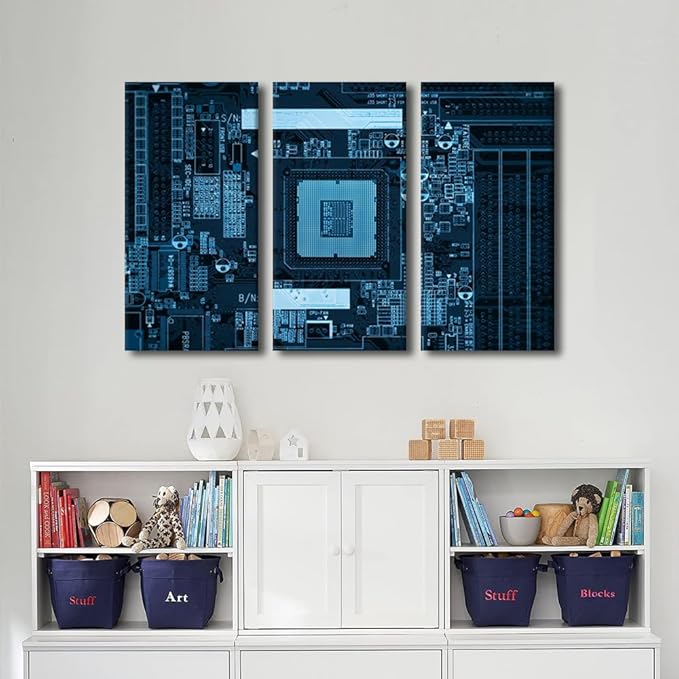 TUMOVO 3 Panels Technology Wall Decor Modern GPU Card with Circuit and Colorful Lights Office Decor CPU Concept Pictures Black and White Wall Art Posters and Prints Framed Ready to Hang(24" Wx36 H)