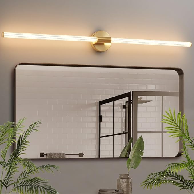 Gold Bathroom Vanity Lights 47 inch Long Bathroom Light Fixtures Over Mirror Hardwired, Dimmable LED 360° Full Lighting Modern Vanity Light Bar Wall Sconce Warm Light for Bedroom Living Room