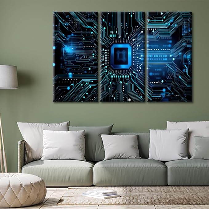 3 Piece Blue Circuit Board High-Tech Technology Wall Pictures for Living Room Circuit Board Pictures Painting on Canvas Wall Decor Art Bedroom Wall Art Modern Artwork Framed Ready to Hang 60"Wx40"H