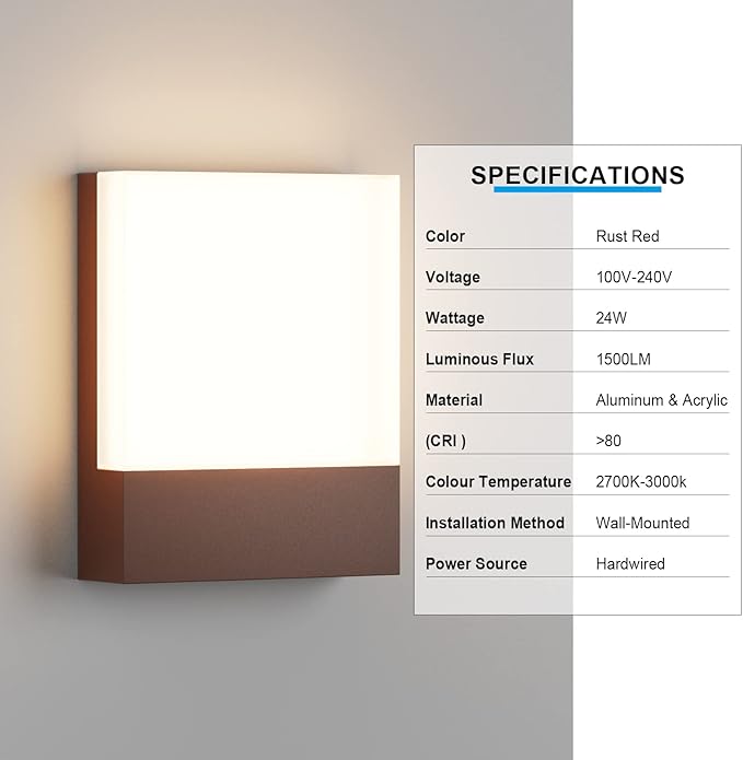 Modern Outdoor Led Wall Light, 24W 3000K Wall Porch & Patio Light,Exterior Hardwired Wall Light Fixtures,IP65 Waterproof Square Wall Lamp for Garage, Front Door,House Yard(Rust,1-Pack)