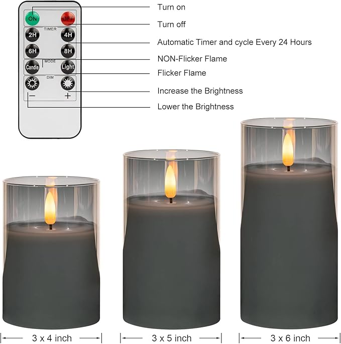 ANGELLOONG Grey Fake Candles Battery Operated, Flickering Flameless Candles with Timer and Remote, Glass LED Electric Pillar Candles Set of 3 for Home Coffee Table Bathroom Decor