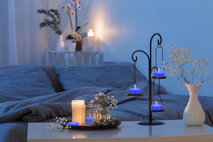 KOABY 12 Pack Blue Light Non-Flickering Flameless Tea Lights, Blue Base, Last 100H+, Battery Operated Tea Lights for Decor