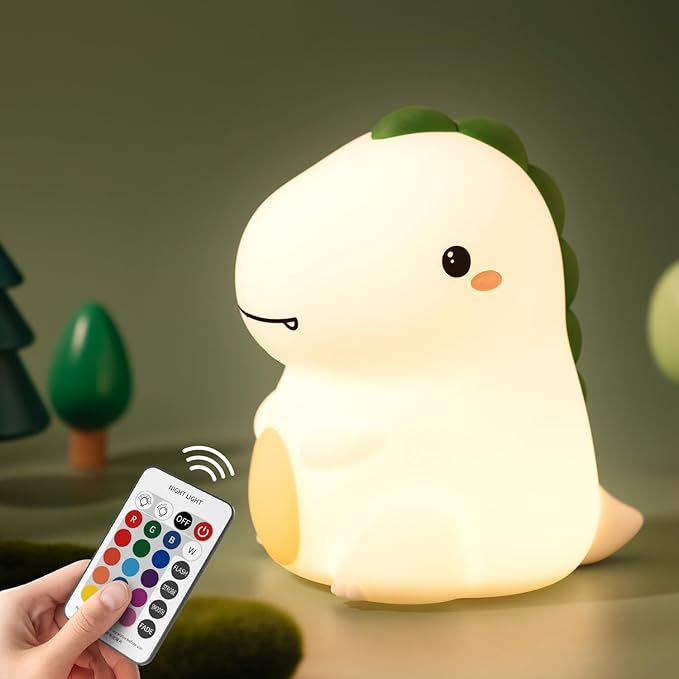 Dinosaur Kids Night Light, 16 Colors Silicone Nursery Touch Lamp, 3 Level Dimmable Squishy Nightlight, Cute Touch Bedside Lamp, Rechargeable Dino Room Decor Gifts for Baby Toddler Boys Girls