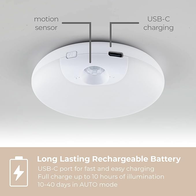 Magnetix 3in Re-Chargeable LED Under Cabinet Motion Sensor Puck Light with Magnetic Mounting Clips, Dimmable and 3000K CCT in White (Pack of 4) for Kitchens, Closets, and Stairs