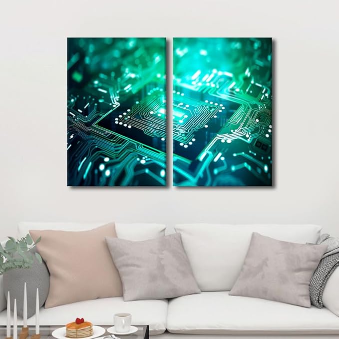 Colorful Semiconductor Chip Wall Art for Living Room Modern Home Decor Circuit Board Canvas Poster Pictures House Decorations Artwork Paitings 3 Pieces Framed Stretched Ready to Hang, 24" Wx16 H