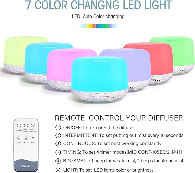 Aromatherapy Diffuser for Essential Oil, 300ml Cool Mist Humidifier with Remote Control, Aroma Diffusers for Home with Waterless Safety Switch & 14 LED Colors White Wood Base