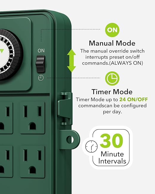 BN-LINK Outdoor Power Stake Timer Waterproof, 24-Hour Mechanical Timer with 6 Grounded Outlets, 6FT Extension Cord for Halloween/Christmas Decor Lights, ETL Listed