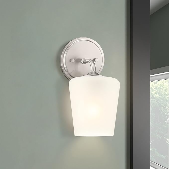 Design House 589283 Stasia Wall Light Sconce with Frosted Glass Tapered Shade for Bathroom Bedroom Entryway, Satin Nickel