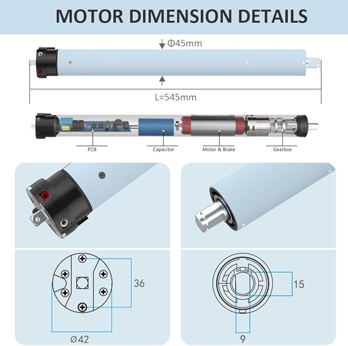 DC24V Motorized Remote Control Roller Shade Motor Kit, 45mm Brushless Electric Blind Motor for Outdoor Awning & Windproof Shades, Heavy Duty Automation (20 N.m for Φ60mm（2-3/8"） Round Tube)